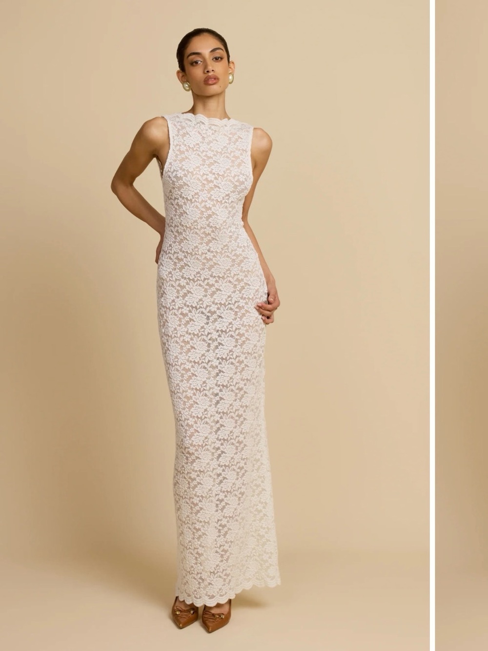 Sleeveless White Lace Maxi Dress with High Neck